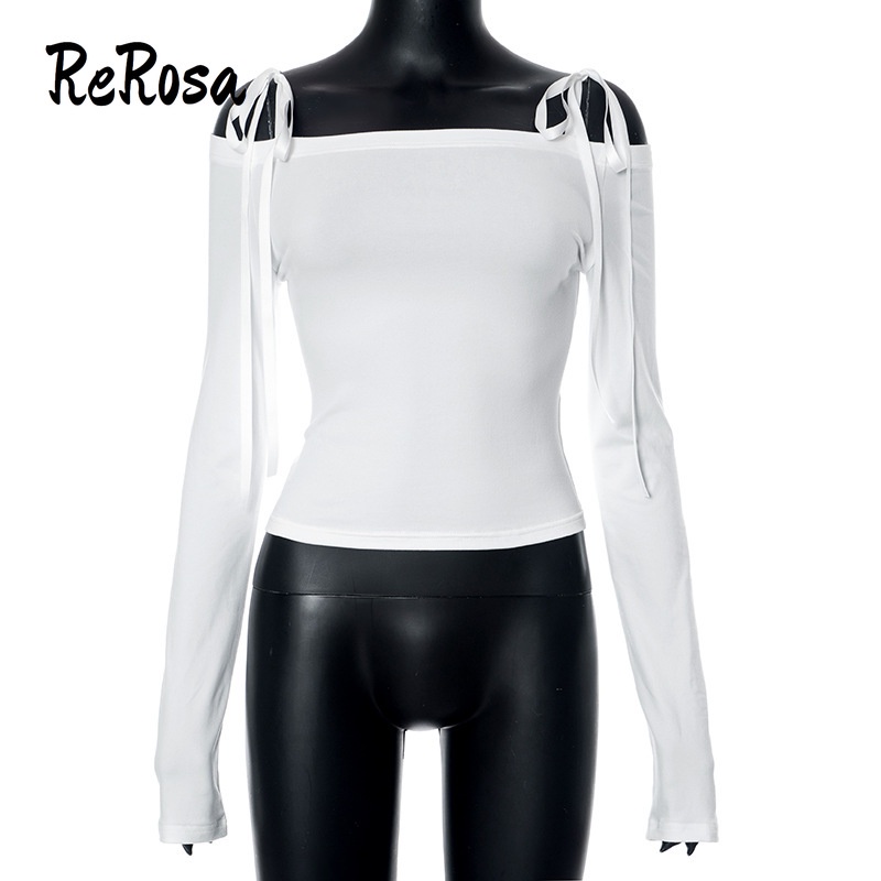 Rerosa Áo Thun Croptop Tay Dài Màu Trơn Dáng Ôm Hở Vai Thời Trang 2023 Cho Nữ