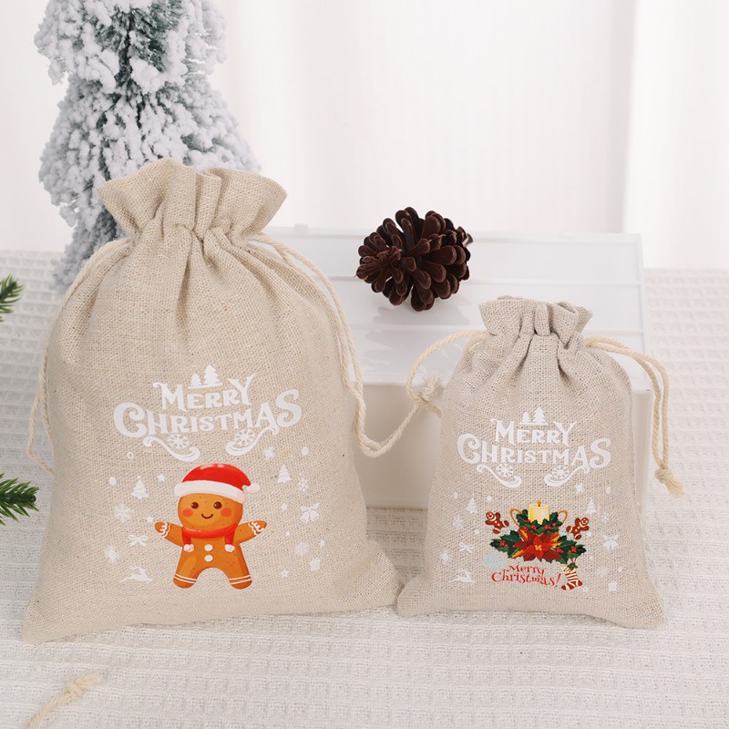 S / m / l Túi Đựng Kẹo Vải Lanh Dây Rút In Họa Tiết Giáng Sinh 3 Kích Cỡ