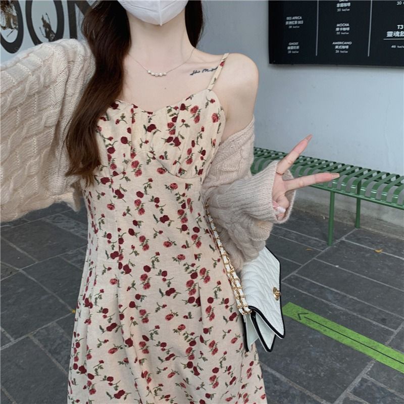 Bộ Áo Khoác cardigan Phối Chân Váy Hai Dây In Hoa Thời Trang Mùa Thu Cho Nữ