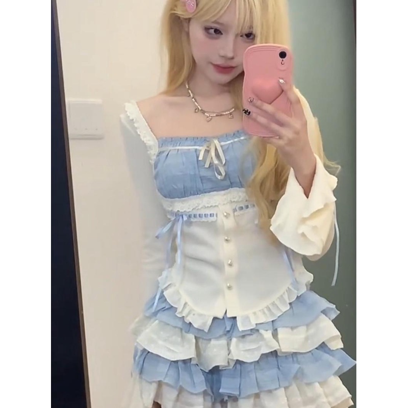 Dopamine Set Áo Sơ Mi Tay Dài Phối Chân Váy Tầng Màu Trơn Thời Trang Mùa Thu 2023 6fpe