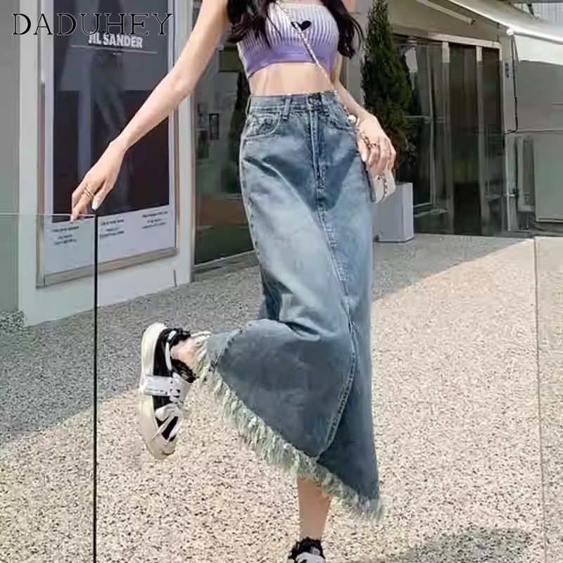 DaDuHey New American Style Ins High Street Raw Edge Denim Skirt Niche High Waist A- line Skirt Large Size Hip Skirt