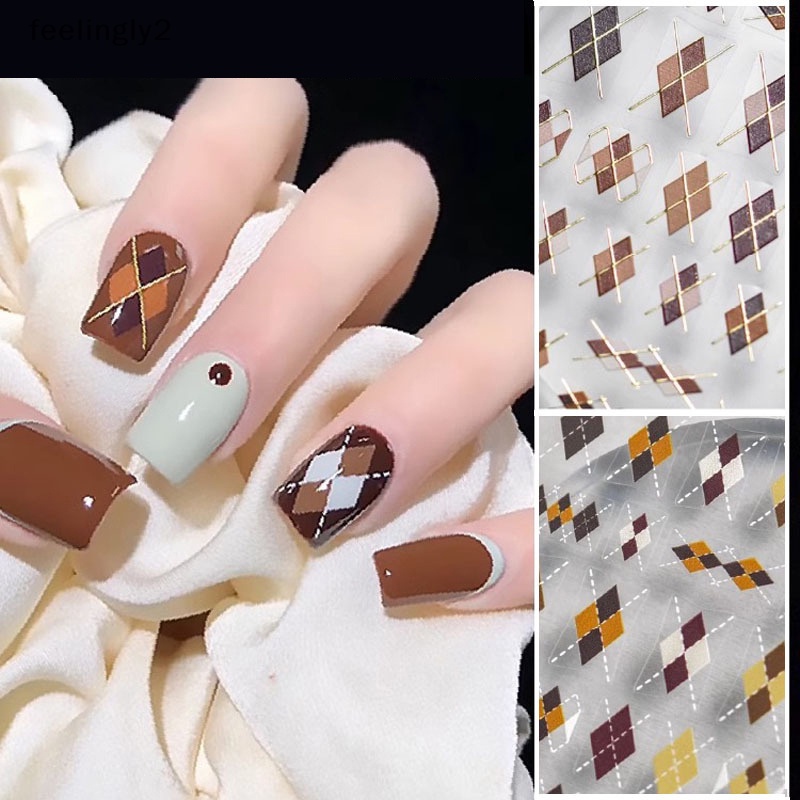 1 Tờ Nhãn Dán Trang Trí Móng Tay Tự Dính Họa Tiết Kẻ Ô 3d Màu Sắc caramel