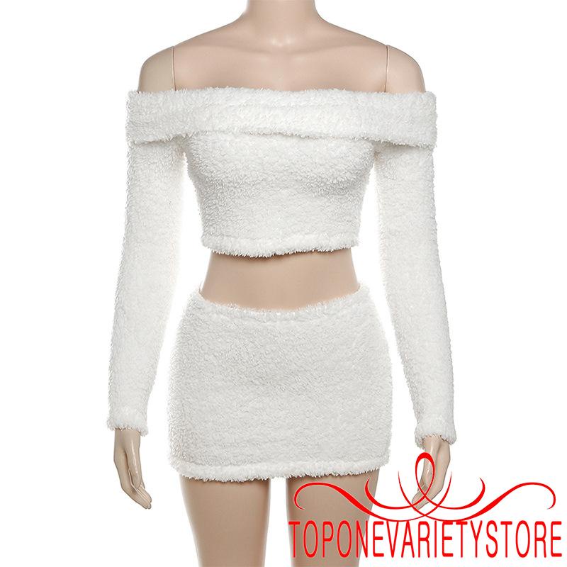 Set Áo Croptop Trễ Vai Tay Dài Cổ Thuyền + Chân Váy Ngắn Màu Trơn Thời Trang Cho Nữ