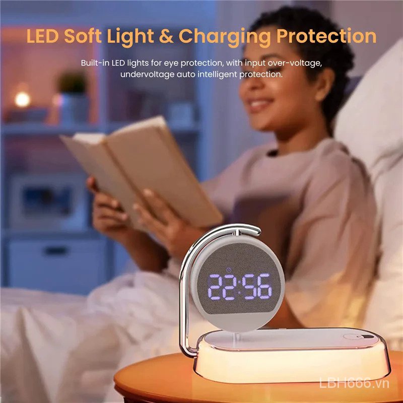 Đế Sạc Nhanh Không Dây Kiêm Đồng Hồ Báo Thức 15w Có Đèn led Xoay 360 Độ Cho iphone 14 13 12 11 pro max samsung