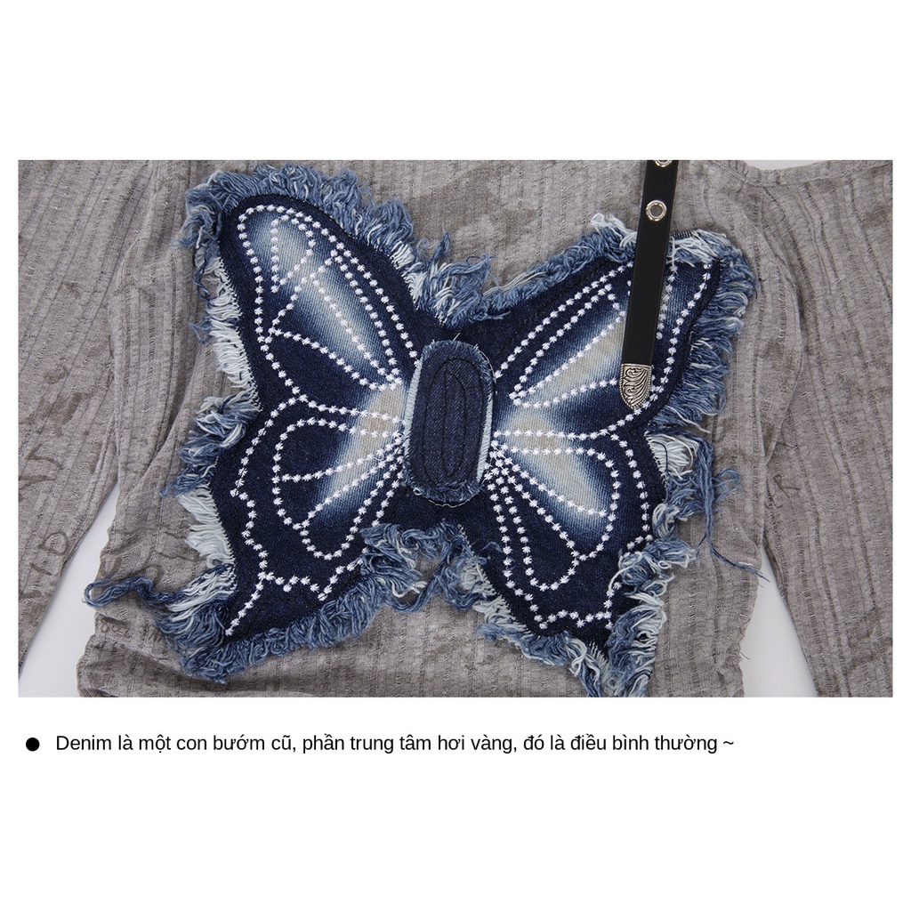 Áo Thun Tay Dài Cổ Chữ v Thêu Hình Bướm Phong Cách Hàn Quốc y2k