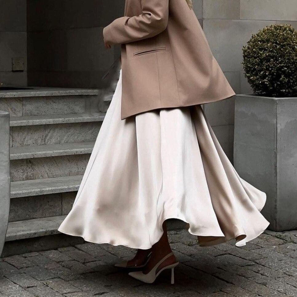 Qooth Nữ Tính Khí Satin Chữ A Váy Mỏng Thanh Lịch Co Giãn Dài Váy Xuân Hè QT2223