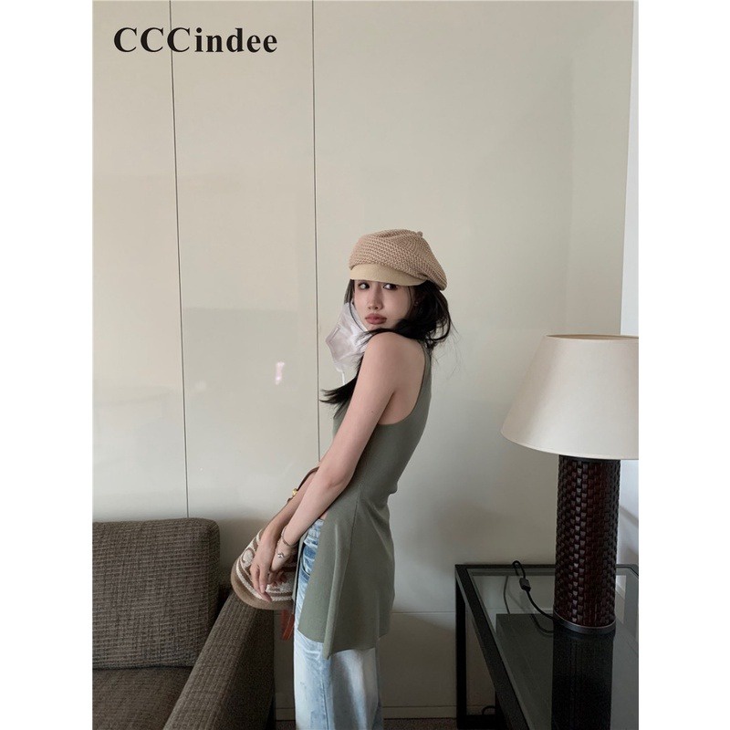 Áo Tank Top Hai Dây Dệt Kim Mỏng Cổ Tròn Xẻ Tà Màu Trơn Thời Trang Mới 2023 Dành Cho Bạn Nữ