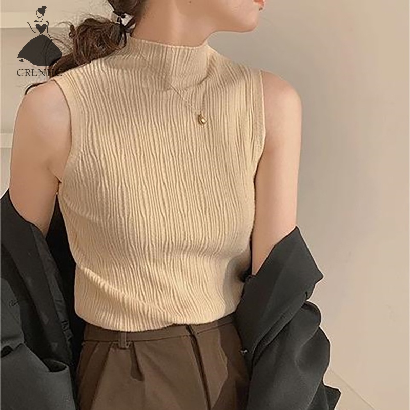 Áo Dệt Kim Sát Nách Cổ Lọ Màu Trơn Thời Trang Mùa Hè Cho Nữ vn