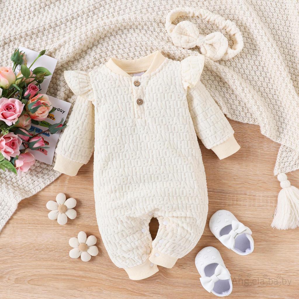 Áo Liền Quần Dài Tay Cổ Tròn In Chữ Kèm Băng Đô Cho Bé Gái