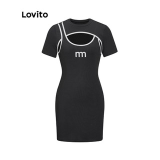 Đầm Lovito cắt xẻ họa tiết chữ phối viền tương phản thời trang cho nữ L56ED102 (Đen)