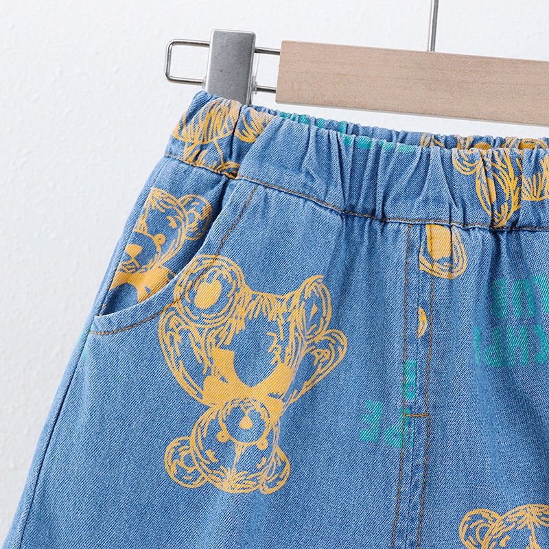 Set Đồ Mùa Hè 2 Món Gồm Áo Sơ Mi denim In Họa Tiết Gấu + Quần Ngắn Jean Cho Bé Trai