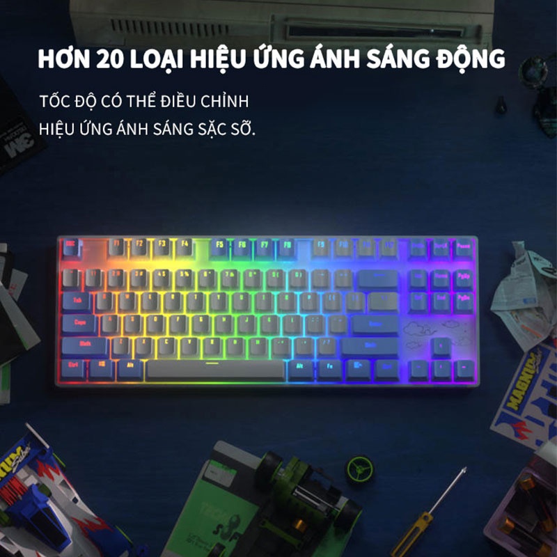 Bàn Phím Cơ Gaming Không Dây 2.4G/Bluetooth BASIC KB13 87 Phím Màu Tím/xanh/hồng,có đèn RGB，3 Chế độ Kết Nối