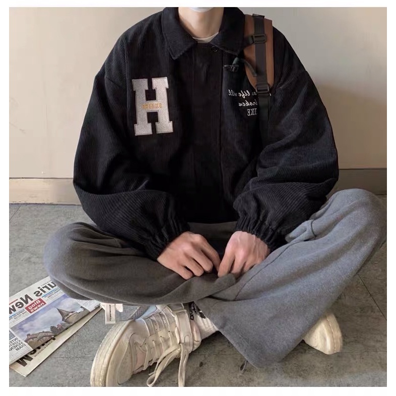 Áo khoác bomber nhung tăm thêu chữ H , phối màu basic đơn giản unisex EB016 Meme