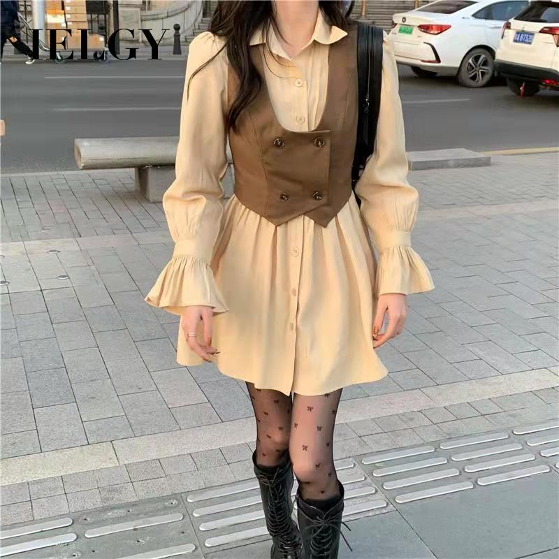 Set Đầm Sơ Mi Dài Tay Và Áo Khoác Ghi Lê Phong Cách Thanh Lịch Dành Cho Nữ
