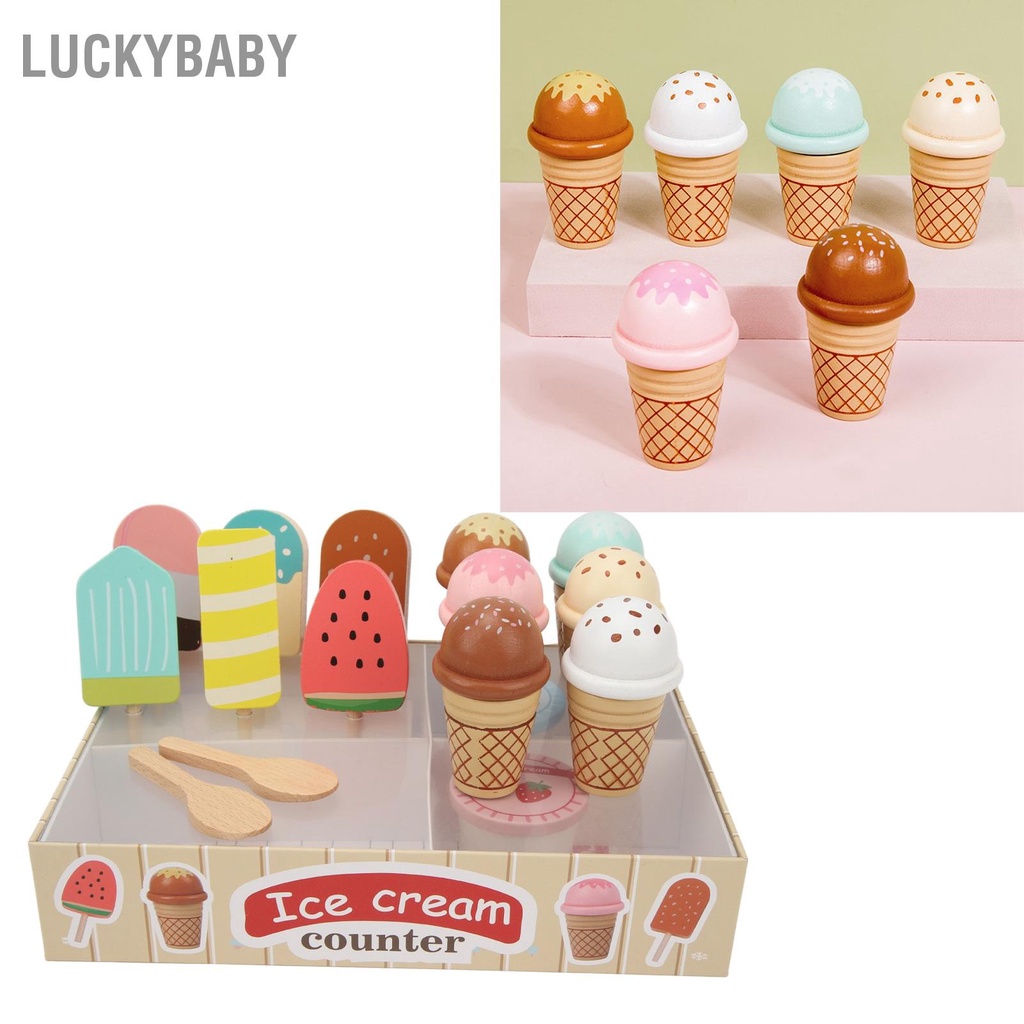 LUCKYBABY Đồ chơi làm kem bằng gỗ Quầy Playset Giáo dục Nhập vai tương tác Bộ đồ dành cho trẻ em