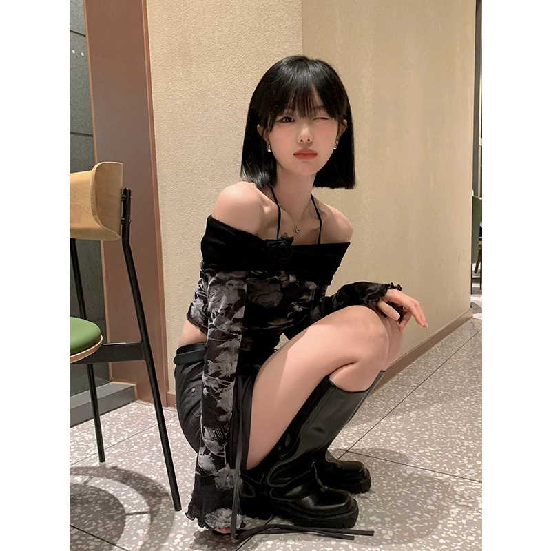 Áo trễ vai tay dài phối lưới, áo trễ vai dài tay Dingding thời trang Y2K hiện đại