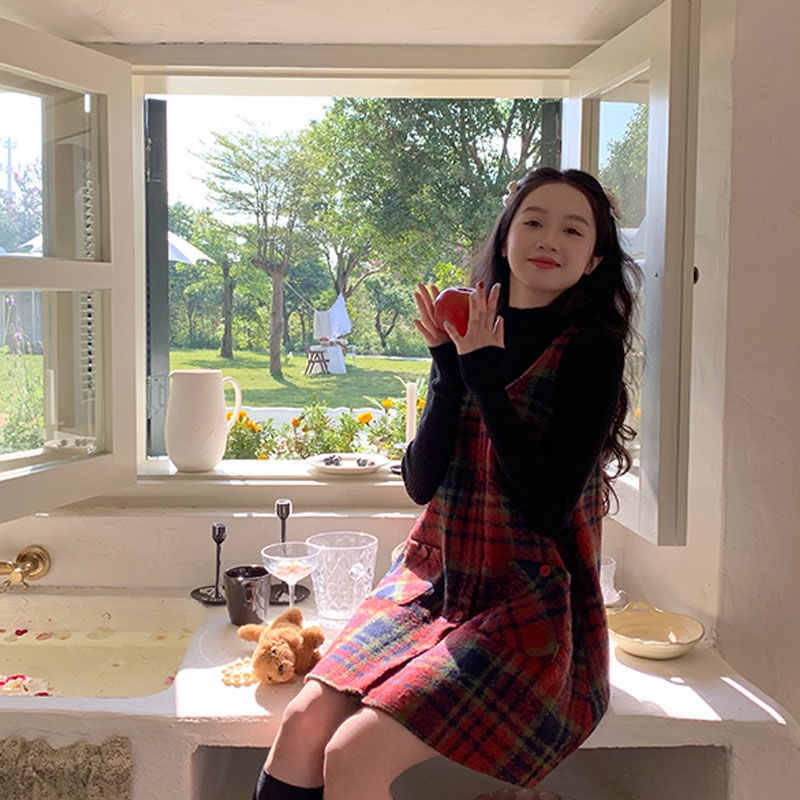 Đầm Yếm Len Sọc Ca Rô Dáng Rộng Thời Trang retro Cho Nữ