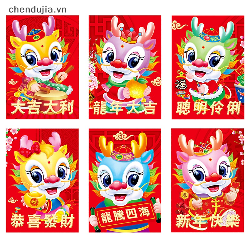 Bộ 6 Bao Lì Xì Hình Rồng Năm Mới 2024 Màu Đỏ May Mắn Phong Cách Trung Hoa
