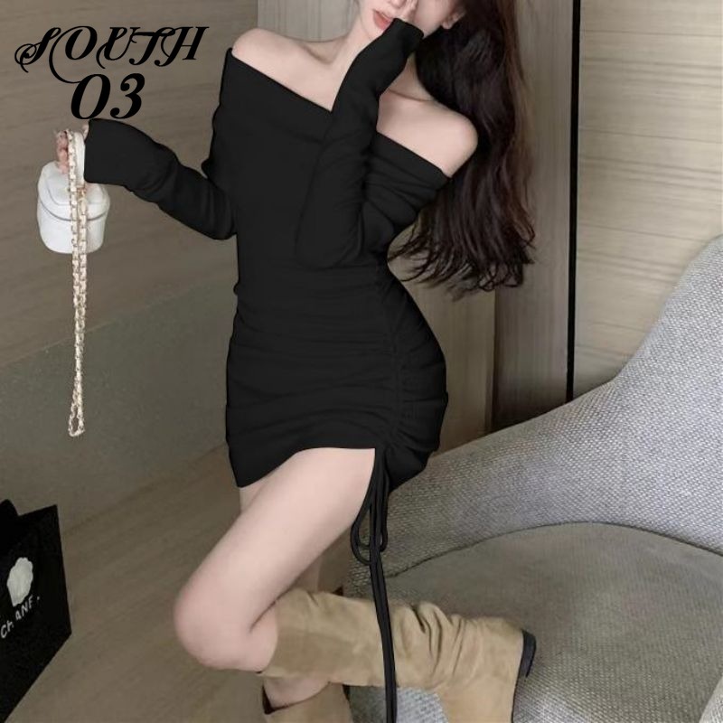 One Đầm Dệt Kim Tay Dài Hở Vai Phối Dây Rút Thời Trang Mùa Thu 2024 Cho Nữ