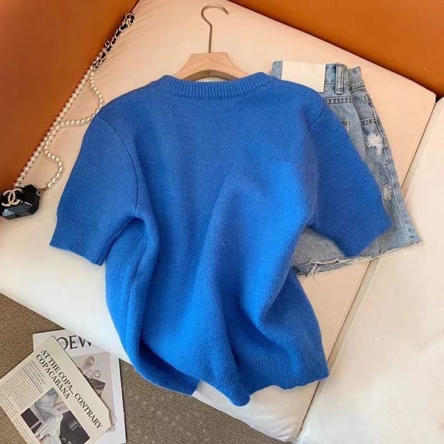 Milyfashion Áo sweater Dệt Kim Tay Phồng Ngắn In Hoa Màu Xanh Dương Thời Trang Mùa Xuân 2023 Cho Nữ