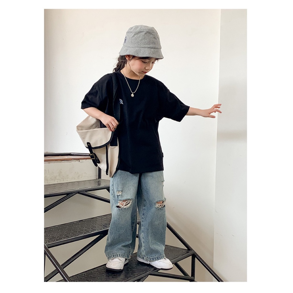 Quần jeans Rách Lưng Cao Ống Rộng Phong Cách retro Cho Bé Gái