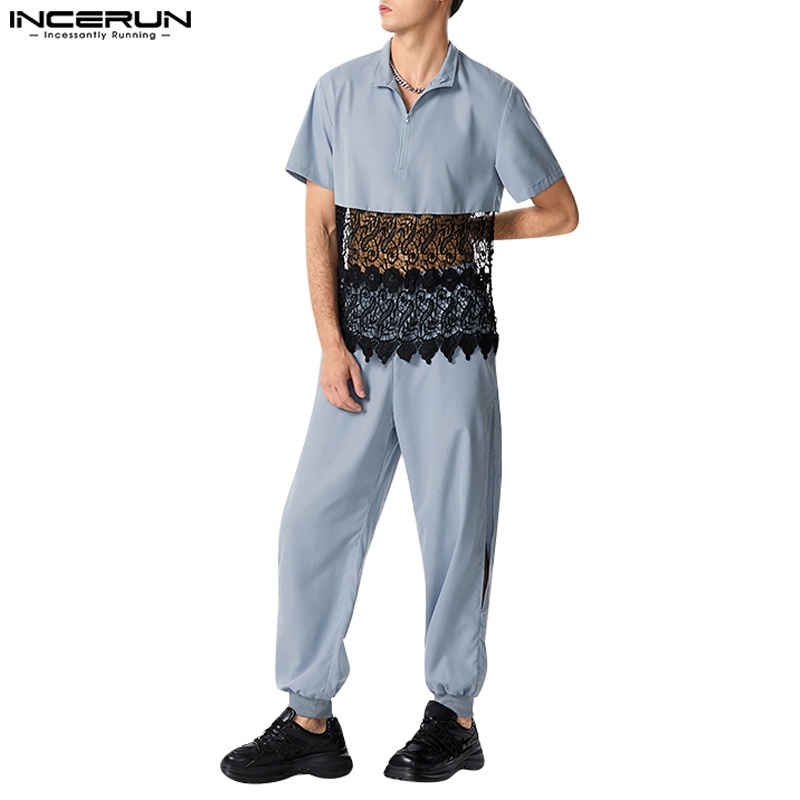 INCERUN Bộ Áo Cổ Đứng Phối Ren + Quần Xẻ Tà Phong Cách vintage Cho Nam