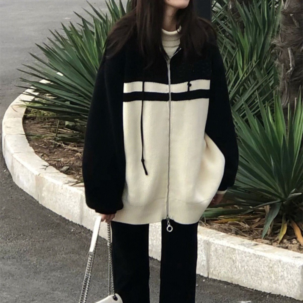 Áo Khoác cardigan Dệt Kim Tay Dài Dáng Rộng Màu Sắc Tương Phản Thời Trang Thu Đông Cho Nữ