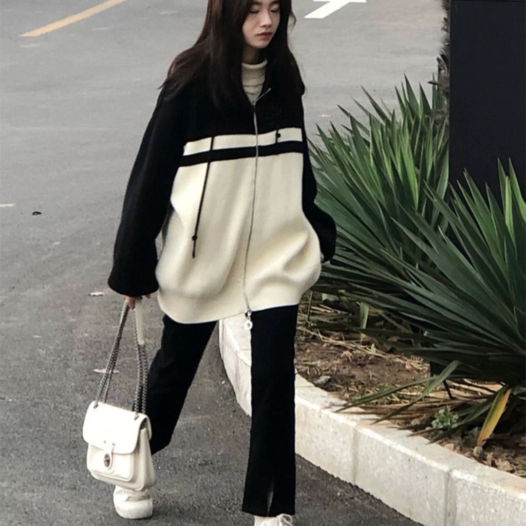 Áo Khoác cardigan Dệt Kim Tay Dài Dáng Rộng Màu Sắc Tương Phản Thời Trang Thu Đông Cho Nữ