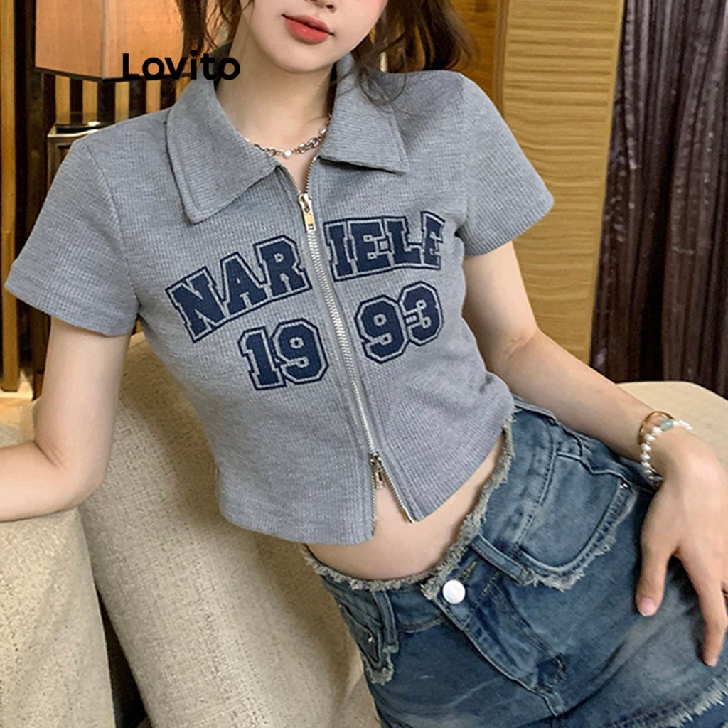 Lovito Áo thun cổ tròn in chữ có dây kéo thông thường cho nữ LNE24002 (Xám/Hồng)