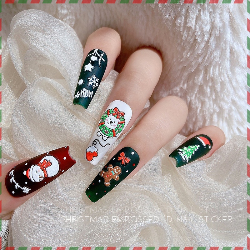 Miếng Dán Trang Trí Móng Tay In Nổi Họa Tiết Hoạt Hình Giáng Sinh  / Miếng Dán Móng Tay 3d Hình Ông Già Noel / Người Tuyết /
