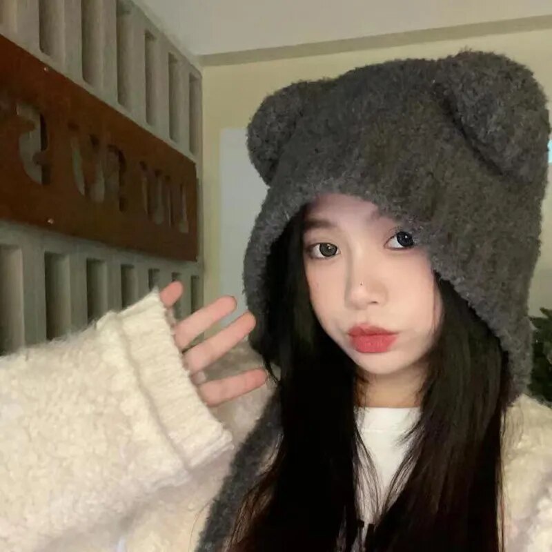Dễ Thương Mũ Len Trùm Tai Màu Trơn Giữ Ấm Mùa Đông Cho Nữ Mũ Len Tai Gấu Xinh Xắn Thời Trang Dành Cho Mùa Thu Đông