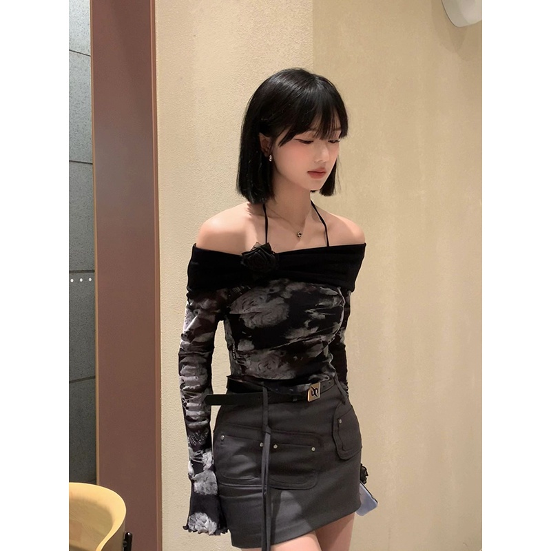 Áo trễ vai tay dài phối lưới, áo trễ vai dài tay Dingding thời trang Y2K hiện đại