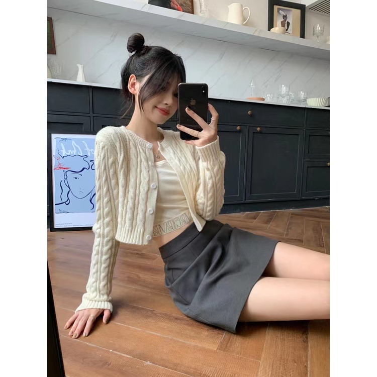 Áo Khoác cardigan Dệt Kim Dáng Ngắn Tay Dài Màu Sắc Đơn Giản Thời Trang Cho Nữ