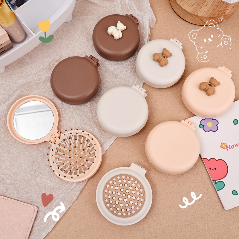 Lược Chải Tóc mini Tích Hợp Gương Tròn Chống Tĩnh Điện Thiết Kế Hình Gấu Hoạt Hình Dễ Thương