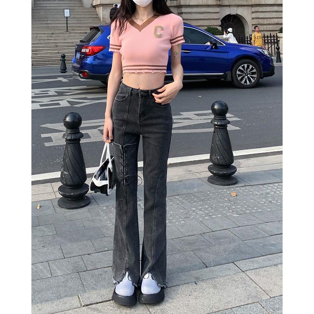 Quần Jean Ống Loe Lưng Cao Xẻ Tà Màu Đen Xám mav5 Thời Trang 2023 Cho Nữ