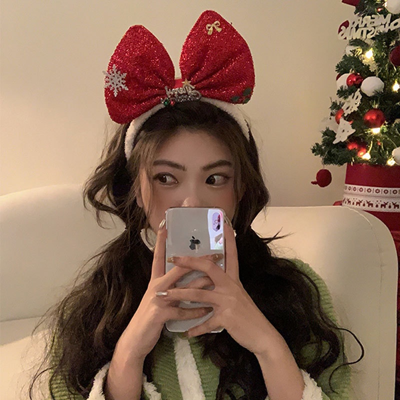 Băng Đô Cài Tóc Đính Nơ To Bằng Vải Lông Trang Trí Tiệc Giáng Sinh Dành Cho Bạn Nữ