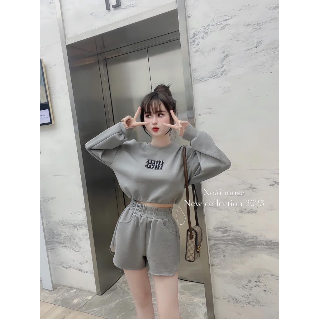 Sét áo cortop tay dài mix quần đùi chữ đá nổi sịn đét TN655CCC