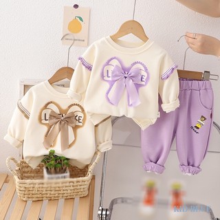 Set áo nỉ cổ tròn thắt nơ lớn + quần dài dễ thương cho bé gái