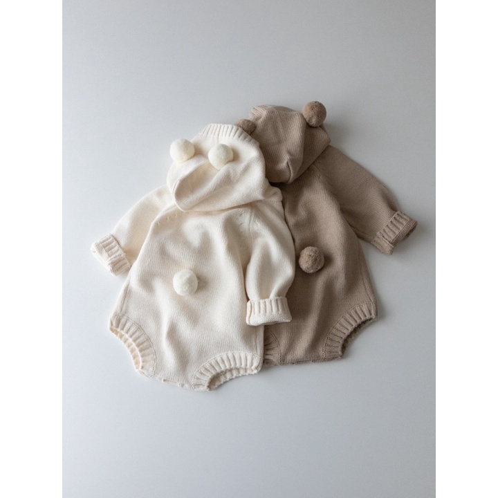 Bộ Áo Liền Quần Màu Trơn Tai Thỏ Dễ Thương Cho Bé Trai Sơ Sinh