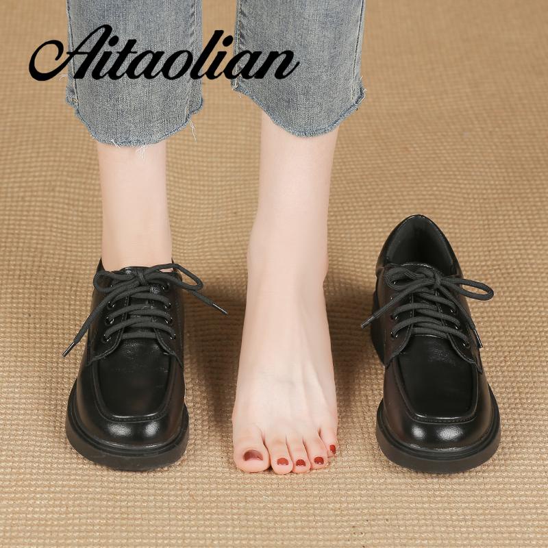 Giày Da Lười Đế Mềm 3.5cm Cột Dây Mũi Tròn Phong Cách Anh Quốc Đơn Giản Tăng Chiều Cao Cho Nữ