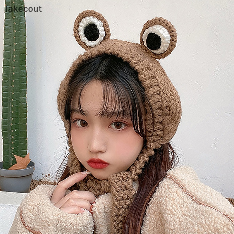 Lat Mũ beanie Dệt Kim Đính Chú Ếch Mắt To Màu Xanh Lá Cây Giữ Ấm Che Tai Thời Trang hye