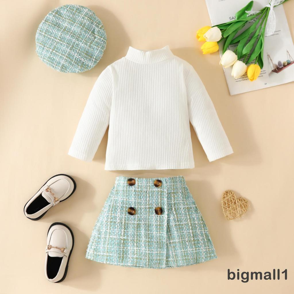 Set Đồ 3 Món Gồm Áo Tay Dài Màu Trơn + Váy + Mũ beret Họa Tiết Sọc Caro Cho Bé Gái 6 Tháng-3 Tuổi