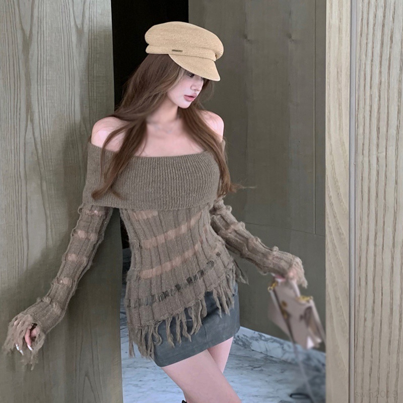 Áo sweater Tay Dài Hở Vai Phối Tua Rua Màu Trơn Giữ Ấm Mùa Thu Cho Nữ