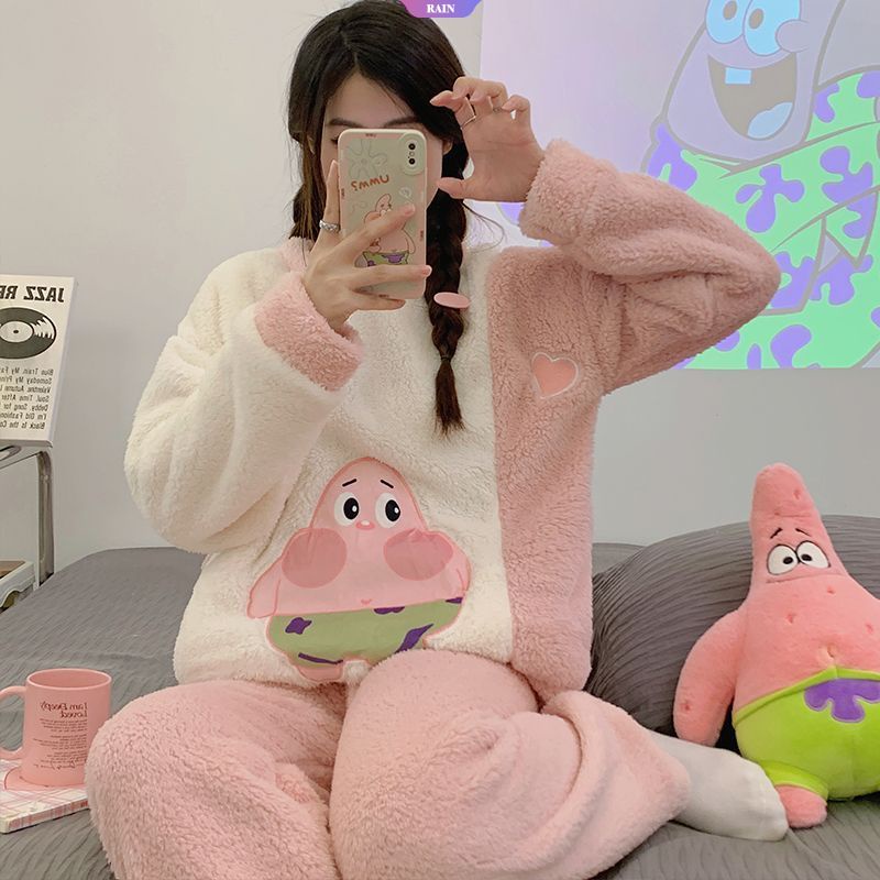 Bộ Đồ Ngủ Lông Cừu San Hô Dày Dặn Ấm Áp Thêu Hình doraemon Cho Nữ