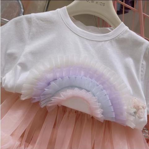 Áo Thun Lưới Tay Ngắn Màu Trơn Họa Tiết Cầu Vồng Ba Chiều Thời Trang Mùa Hè Dành Cho Bé Gái