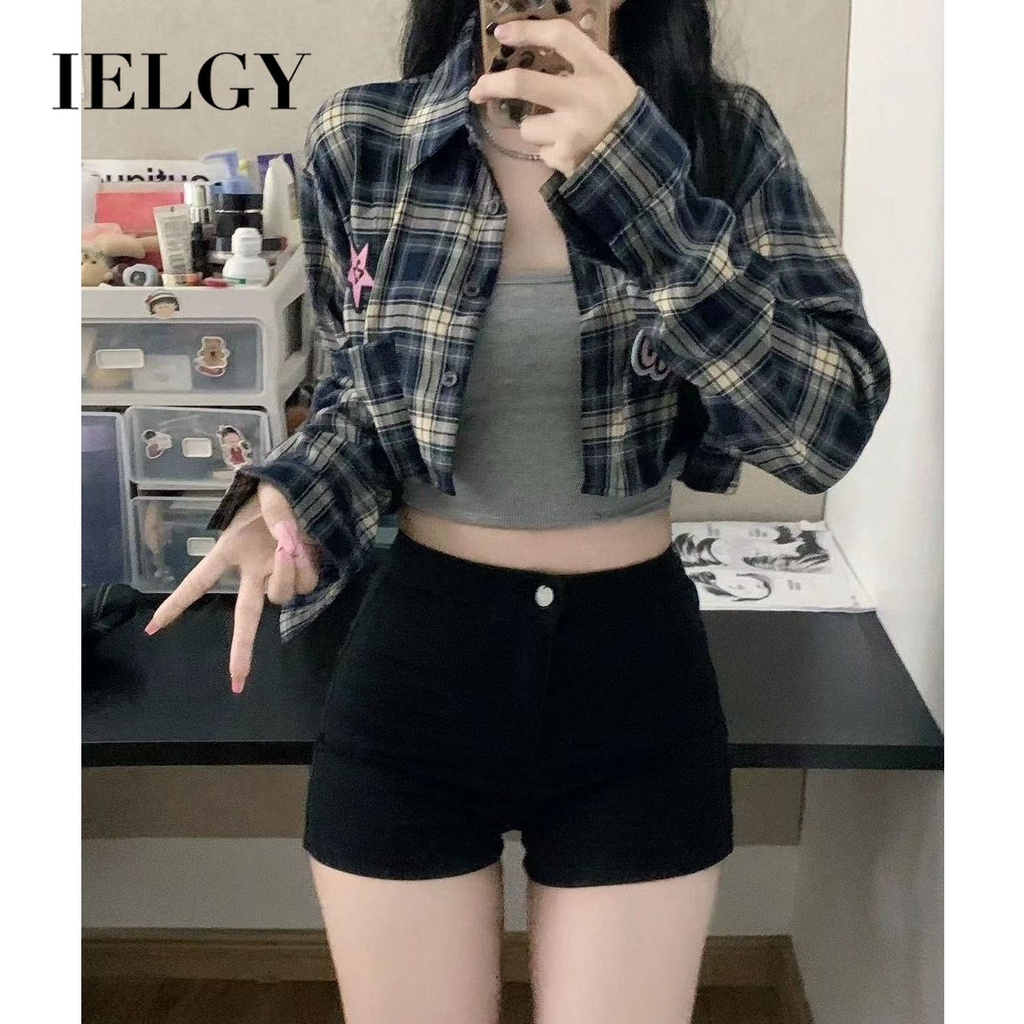 IELGY Áo Khoác Sơ Mi Ngắn Dáng Rộng Kẻ Sọc Caro Thêu Họa Tiết Đơn Giản Thời Trang Cho Nữ