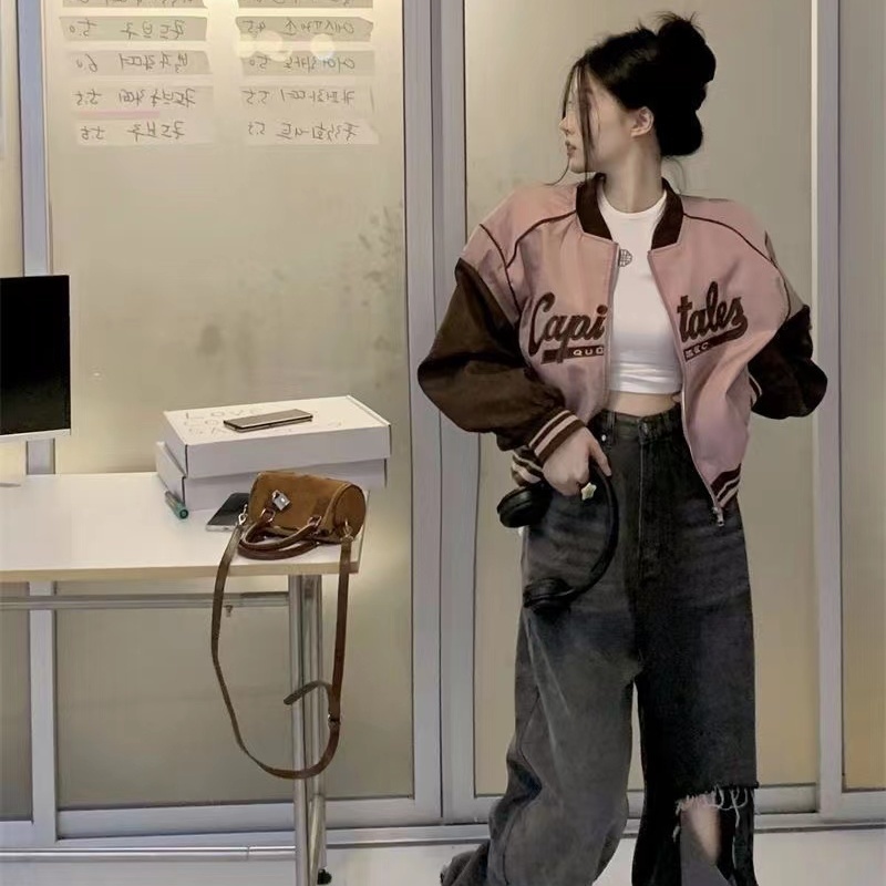 Áo Khoác Bóng Chày Tay Dài Dáng Rộng In Chữ cozok Màu Sắc Tương Phản Có Khóa Kéo Phong Cách vintage