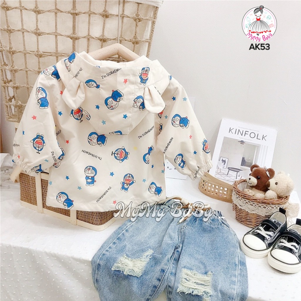 Áo khoác dù Doremon 2 túi phía trước, chun bo tay nhẹ nón tai gấu