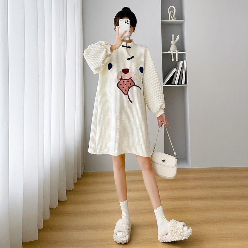 Sườn Xám Dáng Rộng In Hoạt Hình Thời Trang Xuân Thu Cho Mẹ Bầu