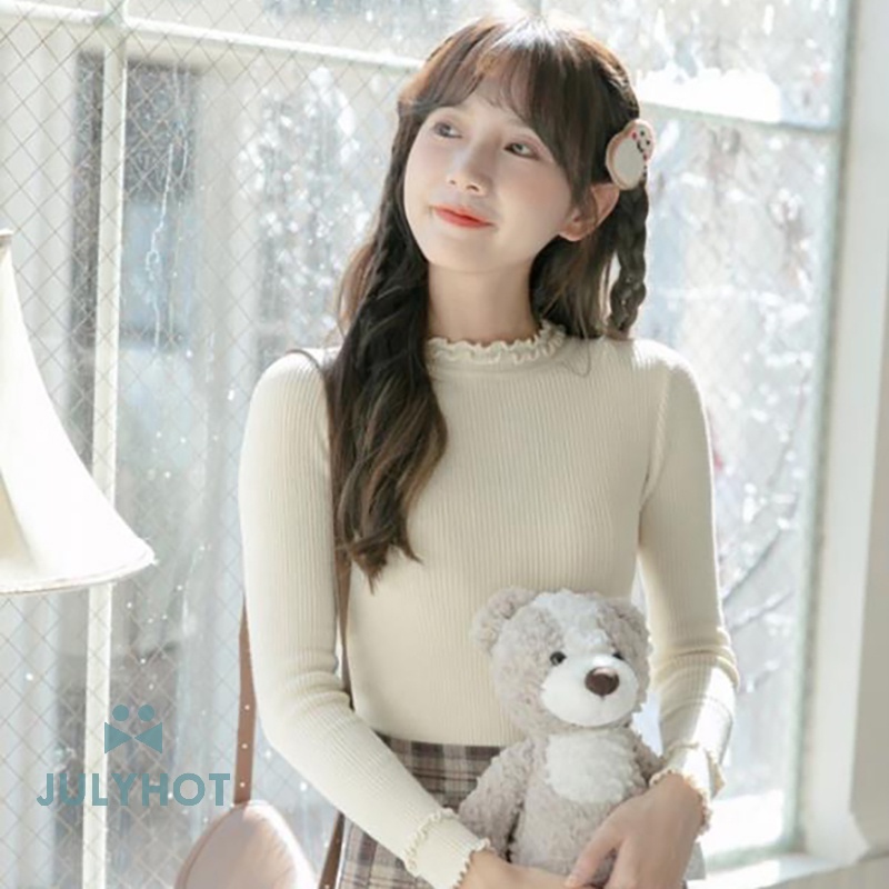 Áo sweater Dệt Kim Cổ Lọ Nhún Bèo Màu Trơn Độ Co Giãn Cao Thời Trang Mùa Đông Quyến Rũ Cho Nữ